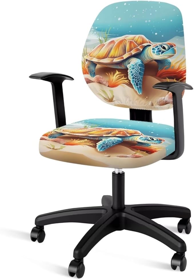 Sea Turtle Office Chair Cover Dust Proof Computer Chair Seat Cover 2 Piece Dorm Computer Rotating Chair Slipcover Office Gift for Women Men Chair Padded Cover Anti-Slip Desk Accessories