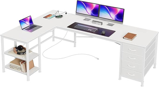 Huuger 55 Inch L Shaped Desk with Fabric Drawers, Reversible Computer Gaming Desk with Power Outlets and USB-C Port, Adjustable Side Storage Shelves, for Work Corner Home Office, White