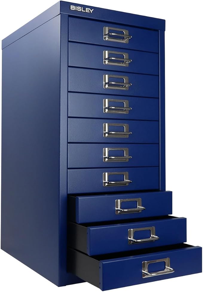 Bisley 10-Drawer Steel MultiDrawer Cabinet - Oxford Blue, Chrome Pull Handles with Label Holders, Powder-Coated Steel, Removable Drawers, Fits Under Most Desks, Labels Included