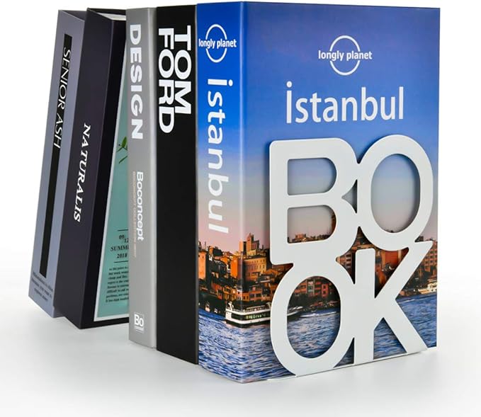 Book Ends - Decorative Metal Book Ends Supports for Bookrack Desk,Books, Unique Appearance Design,Heavy Duty (White)