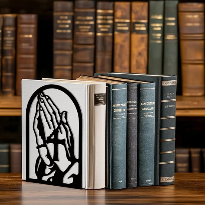 Peacoblue Metal Bookends for Shelves, Modern Decorative Heavy Duty Study Book Support Stoppers for Office, Desk, Shelf, Room 5.3"x4.3"x7.8" Cast Iron Tall Bookends, 1 Pair (Praying Hands and Cross)
