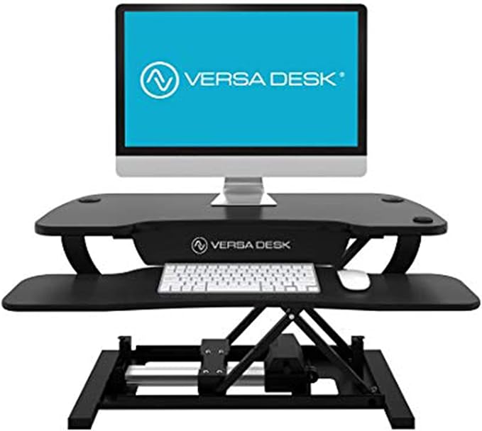 VERSADESK® PowerPro™ 40" Electric Standing Desk Converter - Adjustable Height Desktop Riser with USB Charging Outlet & Detachable Keyboard Tray - Holds 80 lbs Large & Small Items | Black