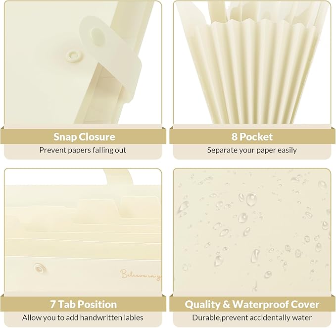 SKYDUE Expanding File Folder, Accordion File Organizer with 8 Pockets, Expandable Document Paper Receipt Holder for School Office Hospital, Letter/A4 Size Beige