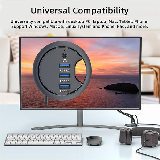 NFHK USB 3.0 Hub Sound Card 3 Port USB 60mm Desk Grommet Splitter Dock Station Headphone Mic Audio Interface for Desktop PC