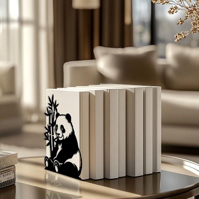 Peacoblue Metal Bookends for Shelves, Modern Decorative Heavy Duty Study Book Support Stoppers for Office, Desk, Shelf, Room 5.3"x4.3"x7.5" Cast Iron Simple Tall Bookends, 1 Pair (Panda and Bamboo)