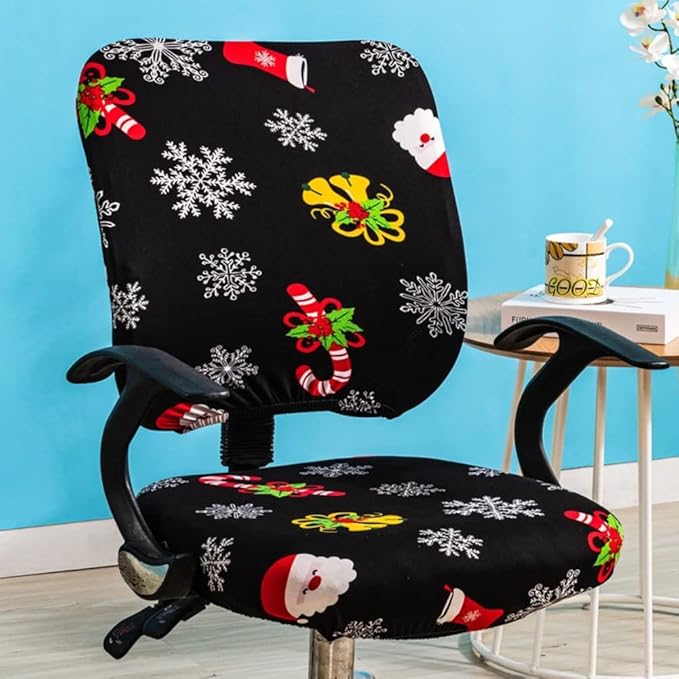 VIOKKO Christmas Office Chair Cover Xmas Stretchable Computer Desk Chair Seat Covers 2 Piece Waterproof Swivel Chair Protective Slipcover (Merry Christmas - Black)