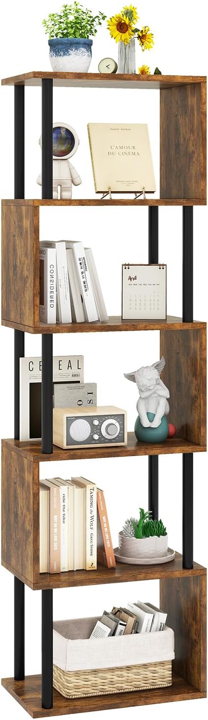 IBUYKE 6-Tier Tall Bookshelf,S-Shaped Geometric Bookcase, Wood Display Shelves with Storage,Industrial Bookshelf for Living Room Bedroom, Home Office, Rustic Brown WBC016H