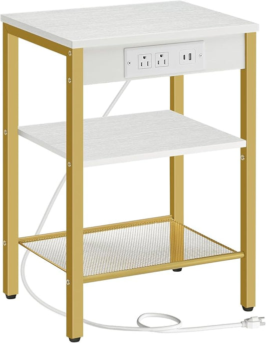 HOOBRO Side Table with Charging Station and USB Port, Small End Table for Small Space, 3-Tier Nightstand with Adjustable Shelf, for Living Room, Bedroom, White and Gold DW112BZ01G1