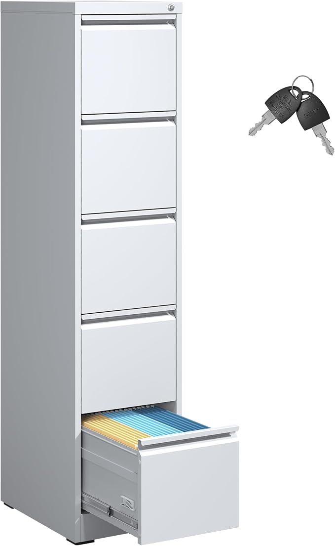 IKIMI 5 Drawer File Cabinet,Metal Filing Cabinets for Home Office,Vertical File Cabinet with Lock,Heavy Duty Metal Storage Cabinet for A4/Letter/Legal Size Files,Assembly Required