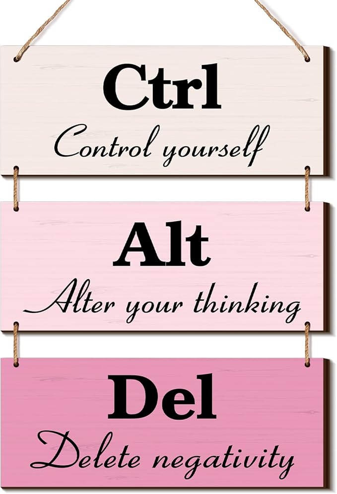Qunclay 3 Pcs Office Wall Decor Pink Wood Rustic Hanging Cubicle Decor Summer Inspirational Ctrl Alt Del Sign Decoration for Bathroom Indoor Home Living Room