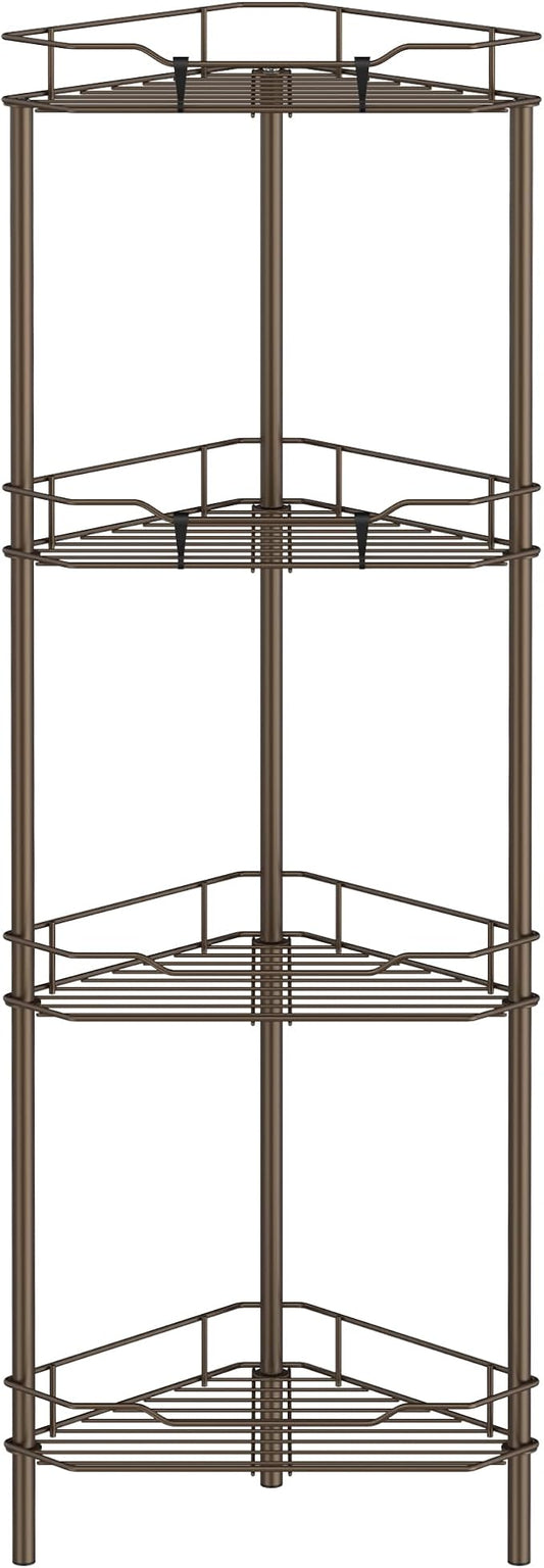 HuggieGems 4 Tier Floor Standing Corner Shower Caddy Organizer Shelf with Hooks, Bathroom Shelves Stand Rack, Bronze