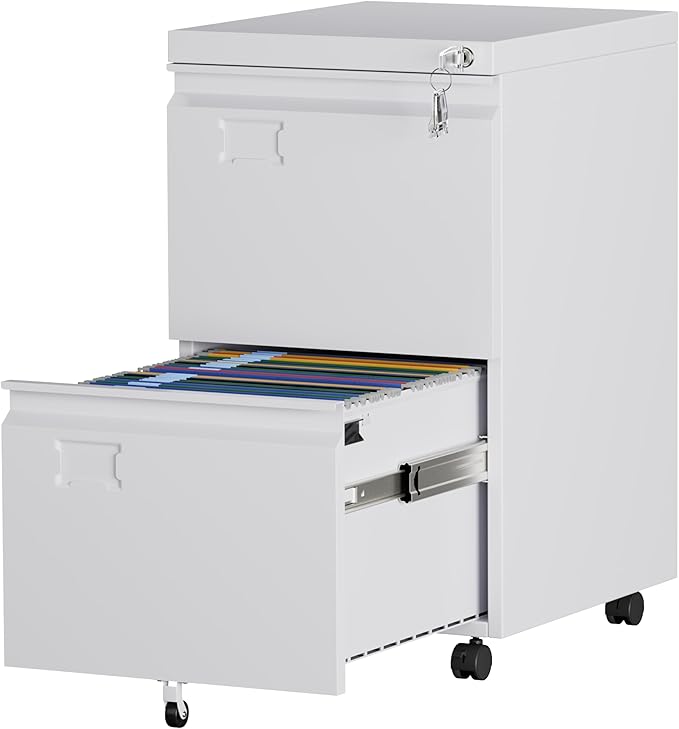 Aobabo Rolling File Cabinet with Lock,2 Drawer Metal Filing Cabinet for Home Office & Under Desk, Heavy-Duty Mobile Storage with 5 Wheels (Anti-Tilt), Fits Letter/Legal,WhiteRequired Assembly