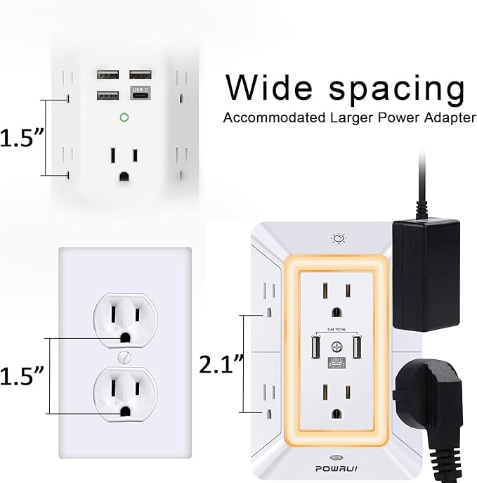 POWRUI Multi Plug 6 Outlet Surge Protector Extender with 3 USB Ports (1 USB C) and Night Light, 3-Sided Power Strip with Adapter Spaced Outlets, ETL Listed, White