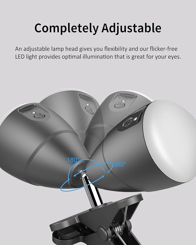 Clip on Light, Rechargeable Desk Lamp, 10 Brightness Levels, 3 Color Modes, 5000mAh Battery Operated, Cordless Reading Lamp with Clamp for Bed, Headboard, Bedside Table