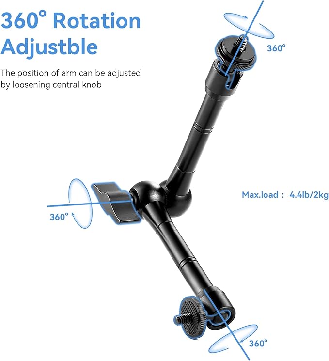 UTEBIT 11" Adjustable Magic Arm with Super Clamp, 360 Ball Heads with ARRI 1/4" & 3/8" Thread Screw for Flash/LED Light/Microphone/Monitor, Compatible with SmallRig Camera Cage, Max Load: 4.4lb/2kg