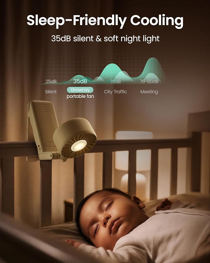 GROWNSY Portable Stroller Fan with Clip | Foldable Mini Fan for Carrier | Small Handheld Fan with Soft Night Light | Rechargeable 4-Speed Personal Fan for Travel/Desk/Bed/Backpack/Car Seat (Beige)