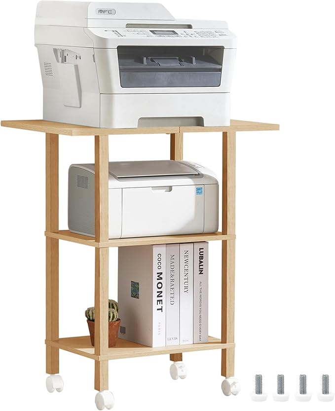 YUFAM 3 Tier Home Printer Stand with Storage, Wooden Mobile Printer Table Shelf, Rolling Printer Cart Shelf with Lockable Wheels fit Fax Machine, Scanner, Natural
