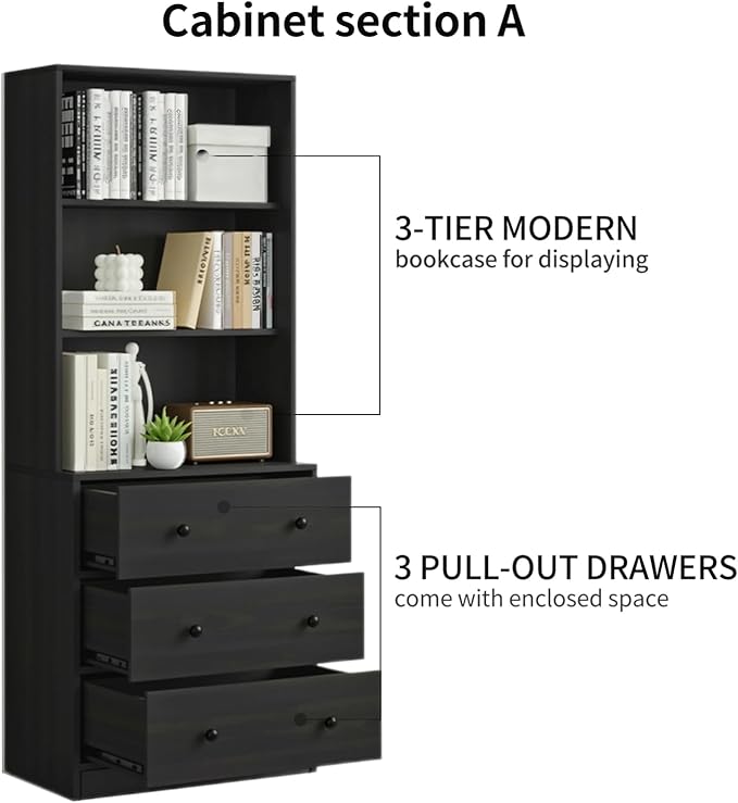 TUSY 71" H Bookshelf with Storage, 6-Tier Modern Bookshelves with 3 Large Drawer, Display Bookcase with Glass Doors, Modern 5-Tier Curio Cabinet for Home Office, Dining Room (Black, AB)