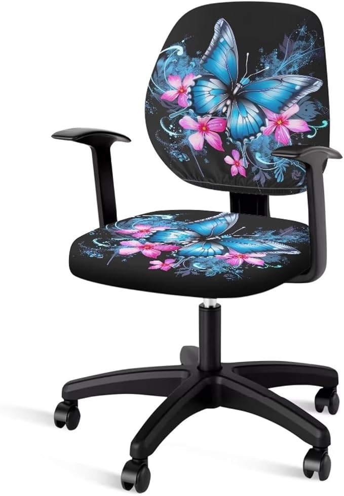 Butterfly Flower Office Chair Covers Stretchable Office Chair Seat Cover 2 Piece Washable Gaming Chair Cover Universal Fit Wheelchairs,Computer Chairs,Gaming Chairs Blue