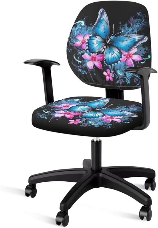 Butterfly Flower Office Chair Covers Stretchable Office Chair Seat Cover 2 Piece Washable Gaming Chair Cover Universal Fit Wheelchairs,Computer Chairs,Gaming Chairs Blue