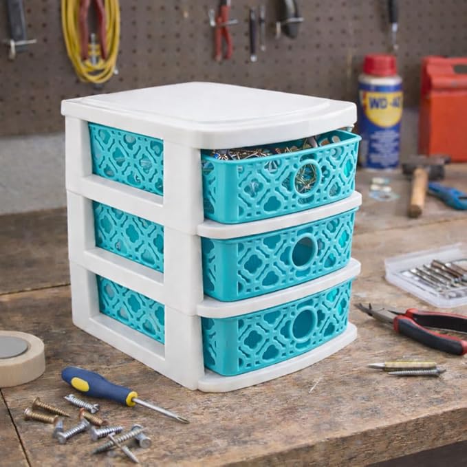3 Drawer Basket Weave Mini Plastic Organizer Makeup HBA Cosmetics Arts & Crafts Desktop Stationary (Teal)