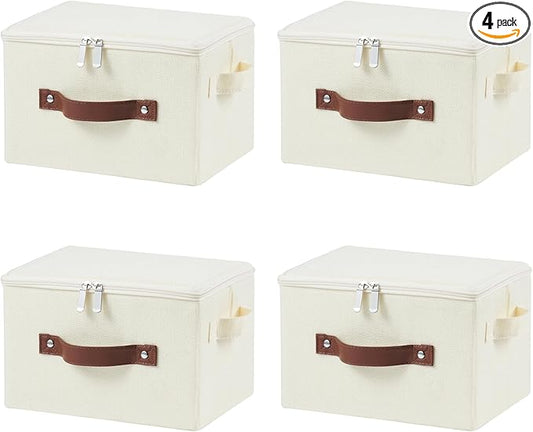 4 Pack Storage Bins with Zipper Lid Cotton Linen Fabric Lidded Storage Baskets Boxes Foldable Washable Closet Shelf Clothes Organizer Container with PU Leather Handles (Beige, Small)