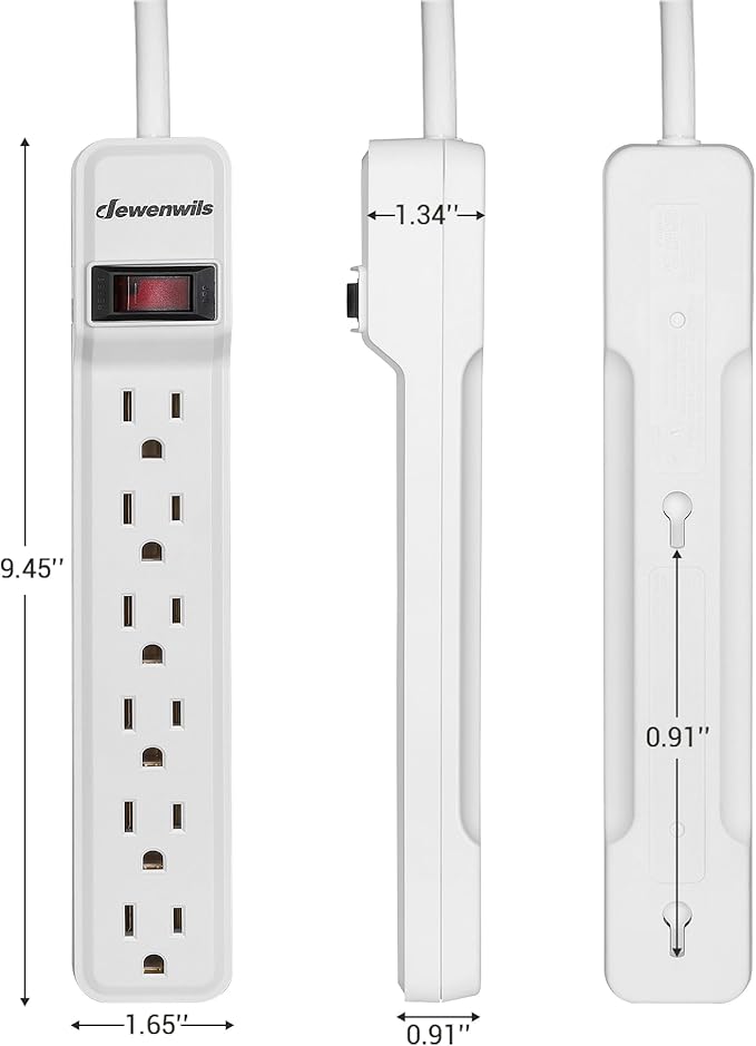DEWENWILS 2-Pack 6-Outlet Power Strip Surge Protector with 6Ft Long Extension Cord, Low Profile Flat Plug, 15 Amp Circuit Breaker, 500 Joules, Wall Mount, White