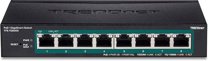 TRENDnet 8-Port Gigabit EdgeSmart PoE+ Switch, 8 x Gigabit PoE+ Ports, 64W PoE Power Budget, Managed PoE+ Switch, Wall Mountable, Desktop Ethernet Switch, Lifetime Protection, Black, TPE-TG82ES