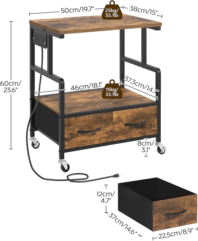 YATINEY Printer Stand, 3 Tier Printer Cart with Power Outlet and Fabric Drawers, Industrial Mobile Printer Table on Wheels, Printer Stand with Storage for Home Office, Study, Living Room PS03BR
