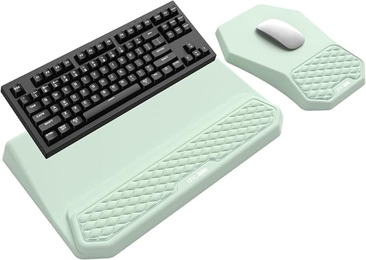 3-in-1 Ergonomic Keyboard Stand with Wrist Rest & Mouse Pad Set, Comfy Keyboard Riser Holder Soft Mousepad with Massage Design, Memory Foam and Non-Slip PU Base for Pain Relief, Light Green
