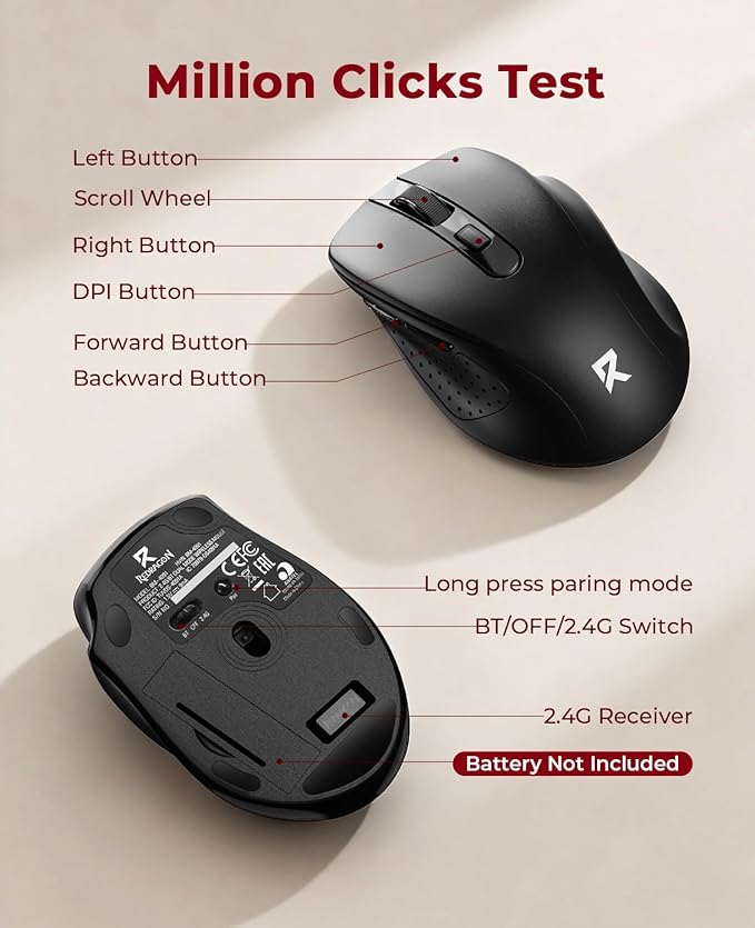Redragon Wireless Mouse BT5.0/3.0 & 2.4G, 6 Buttons, 5 Level 4000DPI Bluetooth Mouse, 18 Months Battery, Portable Optical Computer Mice for Laptop, PC, Chromebook, Windows, Mac-Black
