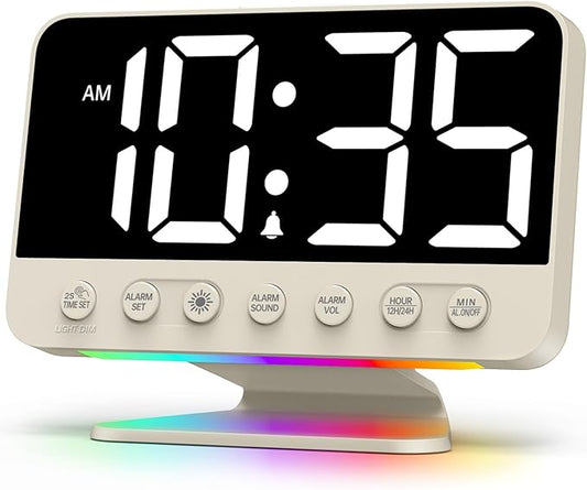Odokee Digital Alarm Clocks for Bedrooms: Large Bold Number 5 Brightness Dimmer - Easy to Read Across The Room - 5 Alarm Sound 8 Night Light - Putty