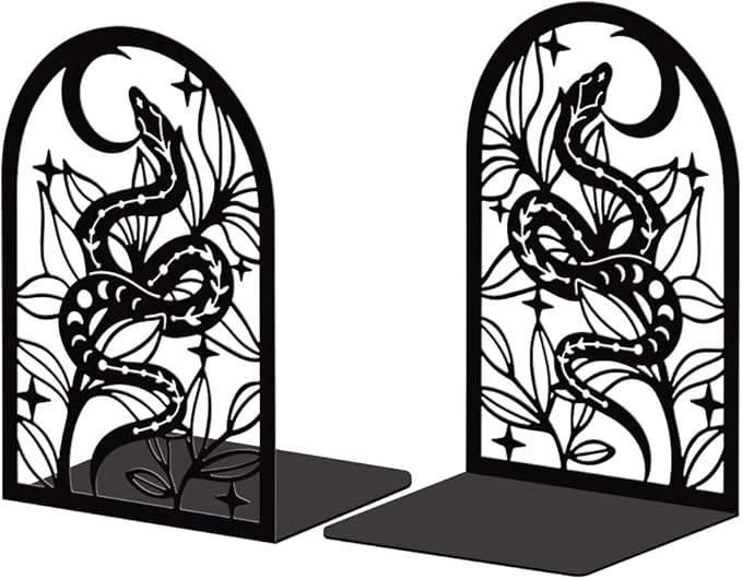 Peacoblue Metal Bookends for Shelves, Modern Decorative Heavy Duty Study Book Support Stoppers for Office, Desk, Shelf, Room 5.3"x4.3"x7.9" Cast Iron Simple Bookends, 1 Pair (Bohemia Snake and Flower)