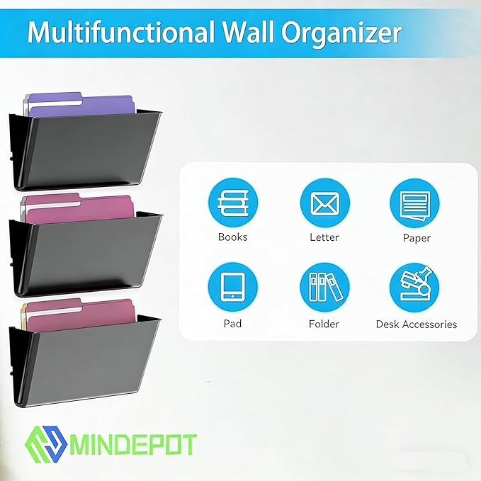 MINDEPOT 3 Pockets Acrylic Wall File Organizer, Clear Wall File Holder, Plastic Hanging Wall File Holder for Office, School and Home, Black
