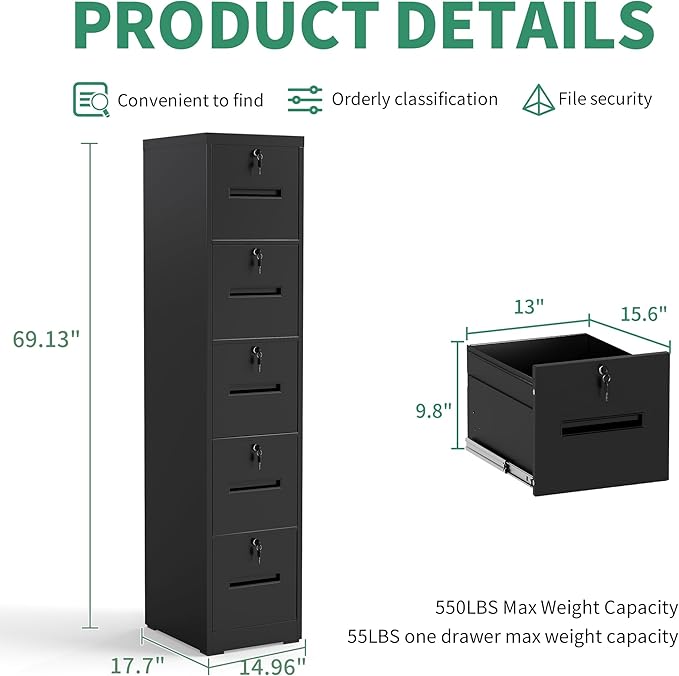 File Cabinet 5 Drawer with Lock, Vertical Filing Cabinets for Home Office, Metal Steel Storage Cabinet for Letter/Legal Size File, Assembly Required(Black)