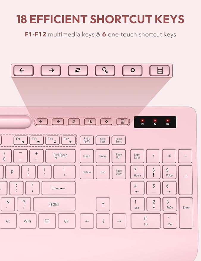 Wireless Keyboard and Mouse, Wrist Rest, Phone Holder, Batteries Included, 2.4G Lag-Free Ergonomic Keyboards Mouse Combo, KM23D Silent Keyboards Set for Computer, Laptop, PC, Windows, Pink -SABLUTE