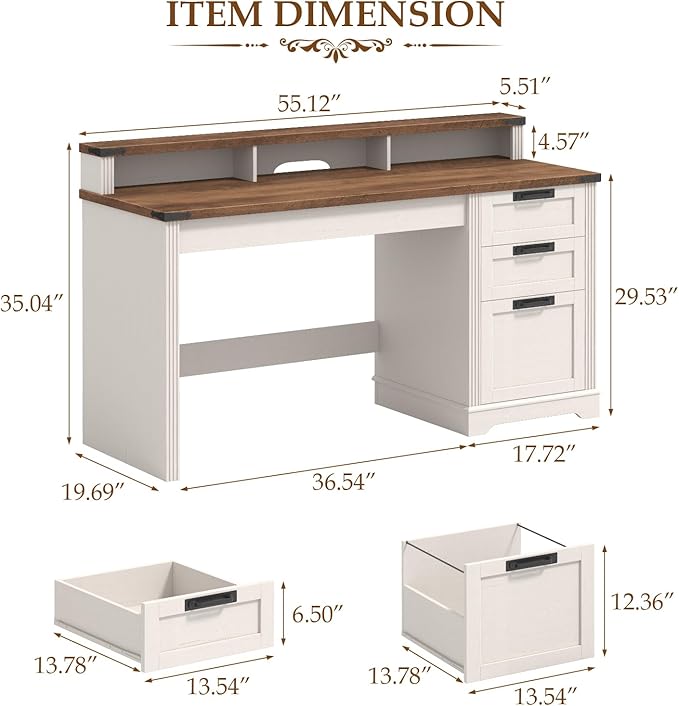 Vabches 55" Farmhouse Executive Desk with 3 Drawers, Wooden Computer Desk with Keyboard Tray, Home Office Desk with File Drawer (Fits A4 Size) for Work and Study, White and Brown