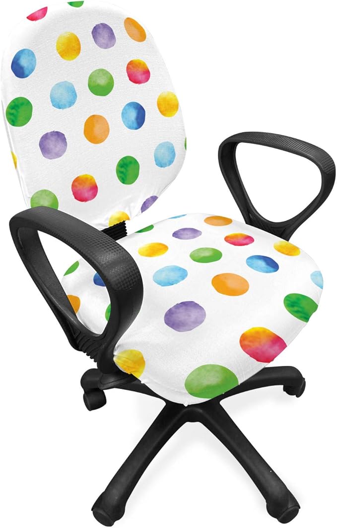 Ambesonne Watercolor Office Chair Slipcover, Abstract Brush Stroke Polka Dots Grunge Geometric Pattern Spotted Background, Protective Stretch Decorative Fabric Cover, Standard Size, Green White