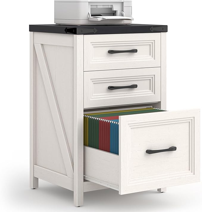 Vabches 3 Drawer Vertical File Cabinet, Wood Farmhouse Filing Cabinet Fits A4/Letter Size, Under Desk Small File Cabinets Printer Stand with Storage for Home Office, White and Black