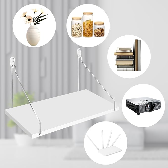 DERTE Projector Shelf for Wall 12x6 Inch Wall Mount Shelf Wood Floating Organizer Accessories for Projector Router Modem Cable Box in Kitchen Bathroom Office (White)