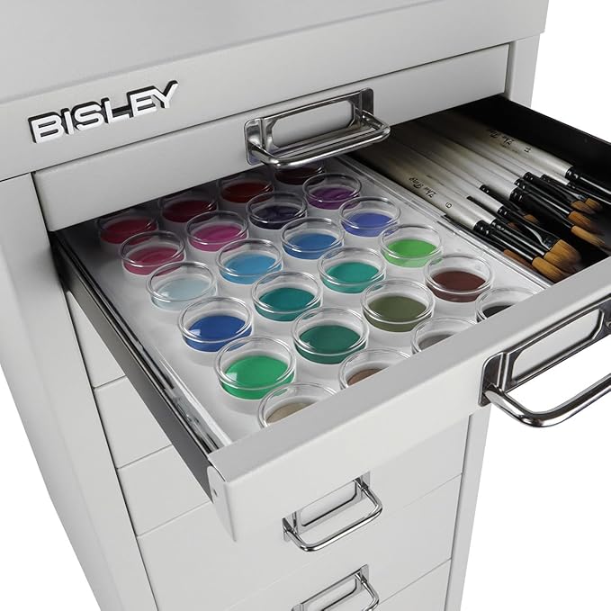 Bisley 8-Drawer Steel MultiDrawer Cabinet - Light Grey, Chrome Pull Handles with Label Holders, Powder-Coated Steel, Removable Drawers, Fits Under Most Desks, Labels Included