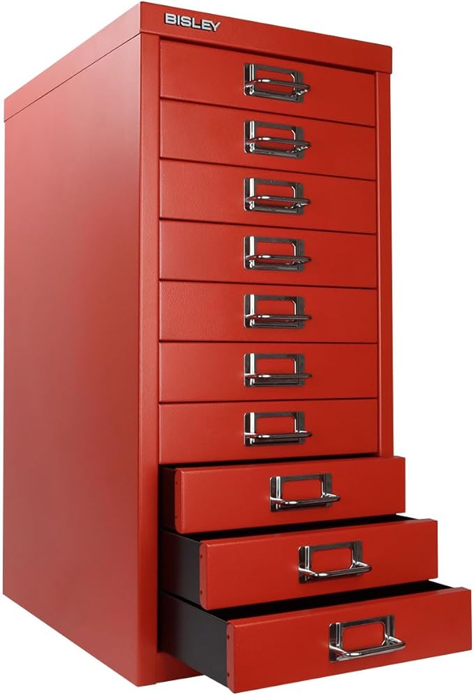 Bisley 10-Drawer Steel MultiDrawer Cabinet - Cardinal Red, Chrome Pull Handles with Label Holders, Powder-Coated Steel, Removable Drawers, Fits Under Most Desks, Labels Included