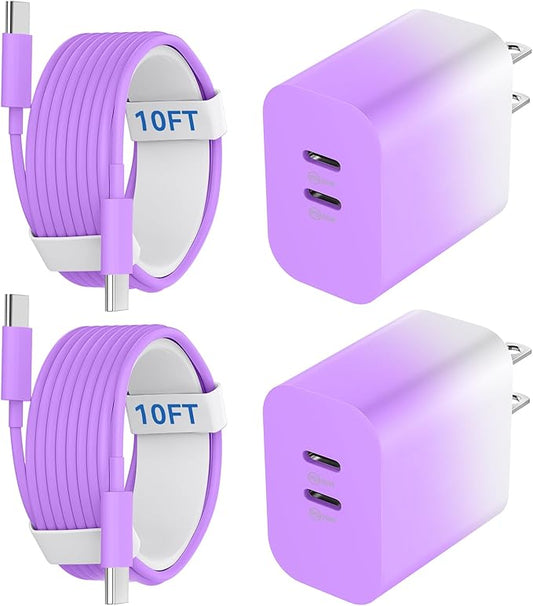 20W Dual Port USB C Charger Block,Phone 17 16 15 Pro Max Charger Fast Charging with 10FT Long USB C to C Charging Cable Cord for 17 16 Pro Max/17 16Pro/15/15Plus,Android Phone-Gradient Purple