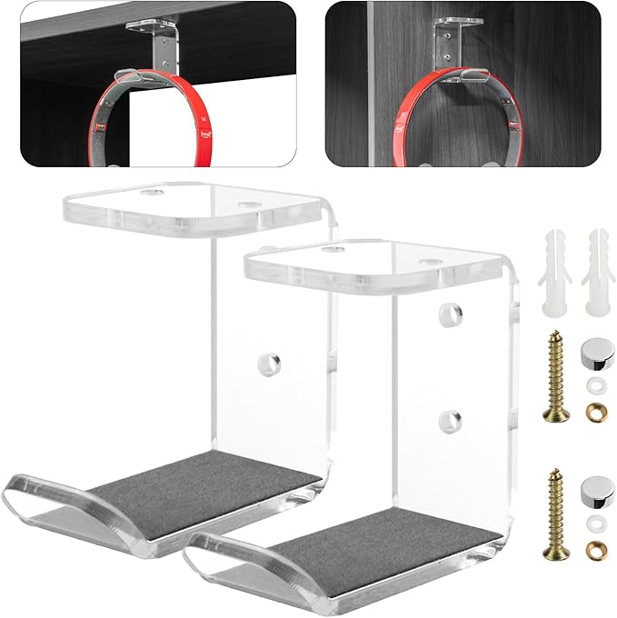 Cosmos 2 Pcs Headphone Hanger Mount Under-Desk Headset Hanger Hook Earphone Holder Wall Mount Hooks with Adhesive Tape & Screw Set Compatible with PC Gaming DJ Headset, Acrylic (Transparent Clear)