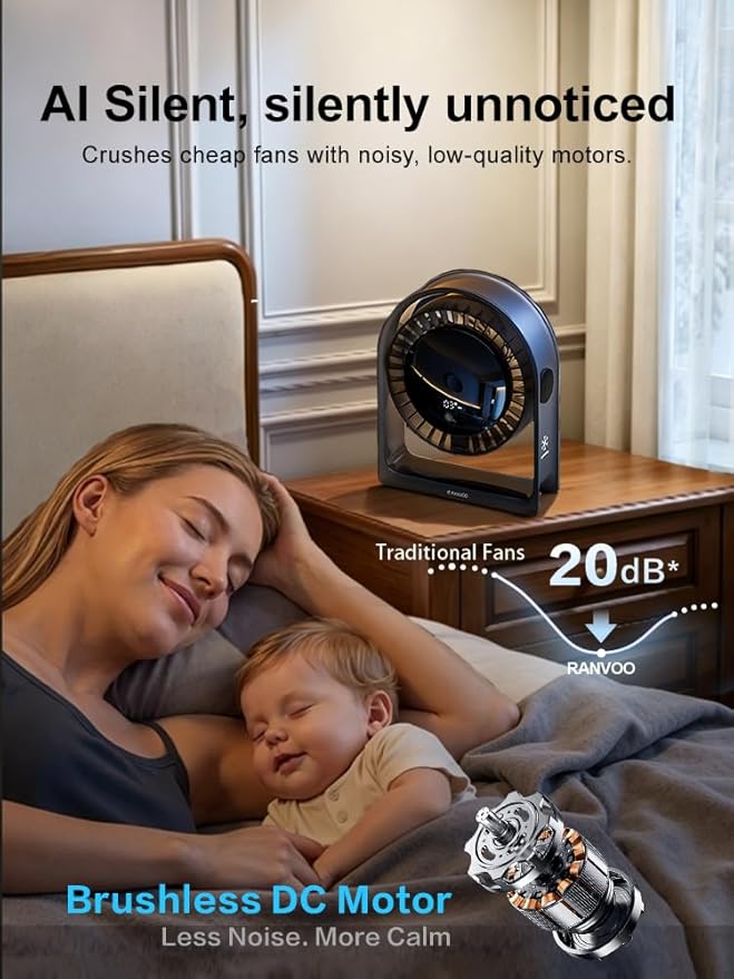 2026 New Desk Fan, Quiet Air Circulator Mini Fan for Bedroom, Portable Smart Display USB Fan, 4 Speeds Strong Airflow, 120°Tilt, Small Desktop Table Fans For Office Bedside Room, Translucent Black