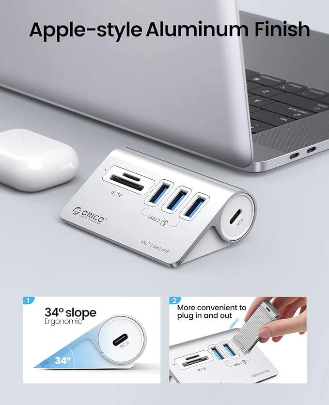 ORICO 5-Port USB 3.2 Gen1 Hub, Desktop USB 3.0Hub with 3 USB-A, SD/TF Card Reader, 5V 2A Power Supply Port, 5Gbps Aluminium USB-Splitter with 1.64Ft USB-C to USB-A/C Cable for iMac, MacBooks, Mac mini