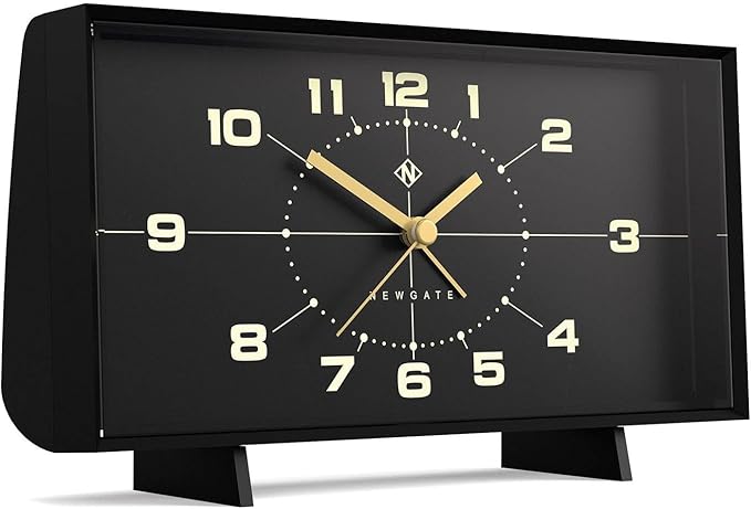 NEWGATE® Wideboy Alarm Clock | Rectangular Retro Design | Black | Mid-Century dial | Ideal for Bedside, Desk, Mantel or Shelf | Retro Bedroom & Office Accessory