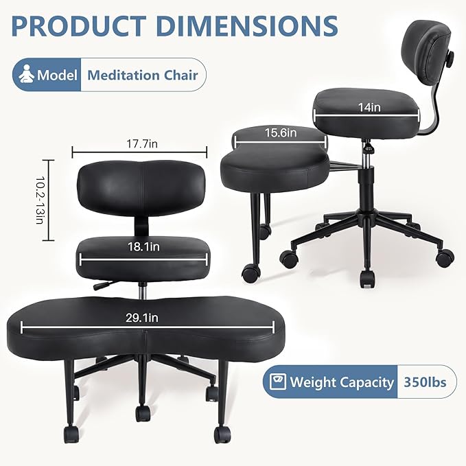 DUMOS Ergonomic ADHD Cross Legged Office Desk Chair with Adjustable Backrest, Height Adjustable Meditation Chair with 360° Swivel Footstool, PU Leather Yoga Stool for Home Office, PU Black