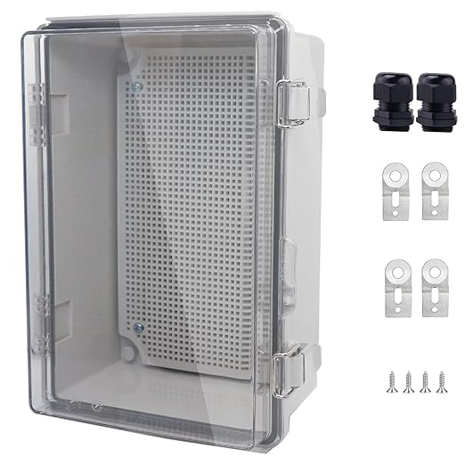 IP67 Waterproof Junction Box, ABS Plastic Electrical Enclosure with Stainless Steel Latch, Hinged Cover Electric Box with Mounting Plate, Wall Brackets & Cable Glands 290x190x140