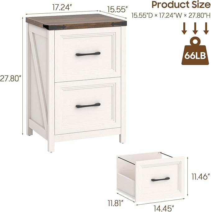 Vabches 2 Drawer Vertical File Cabinet, Wood Farmhouse Filing Cabinet Fits A4/Letter Size, Under Desk Small File Cabinets Printer Stand with Storage for Home Office, White and Brown